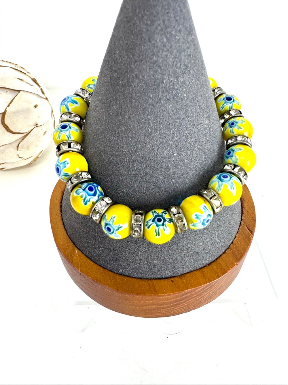 Vibrant Yellow Millefiori Glass Bead Stretch Bracelet – Excellent Condition Boho